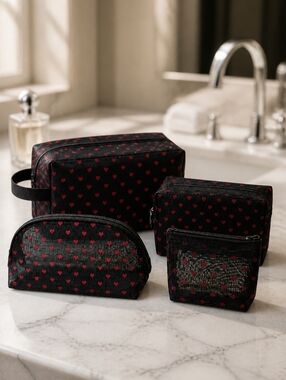 Black Clear Cosmetic Bag Set with Red Heart Accent